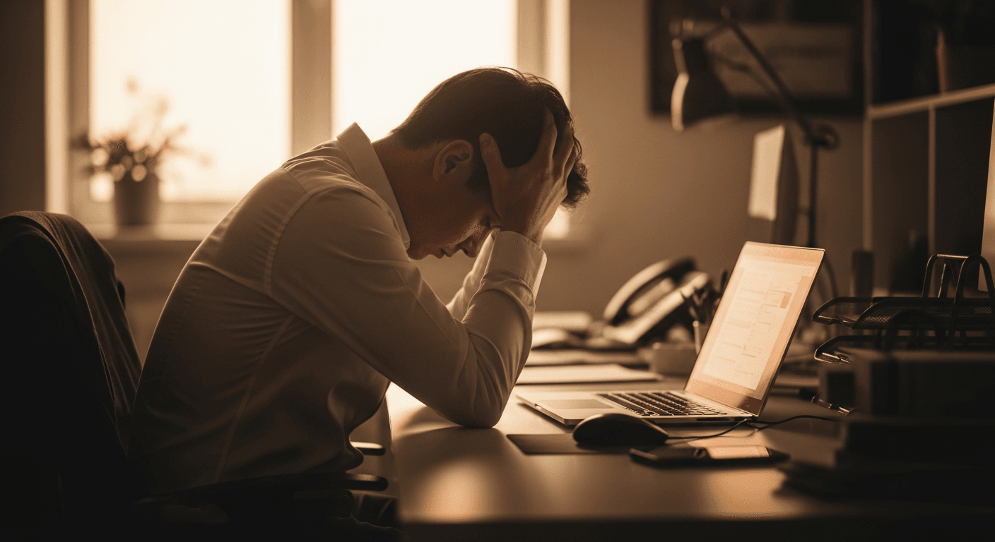 A person seated alone at their office desk with head in hands, shoulders slumped in exhaustion.