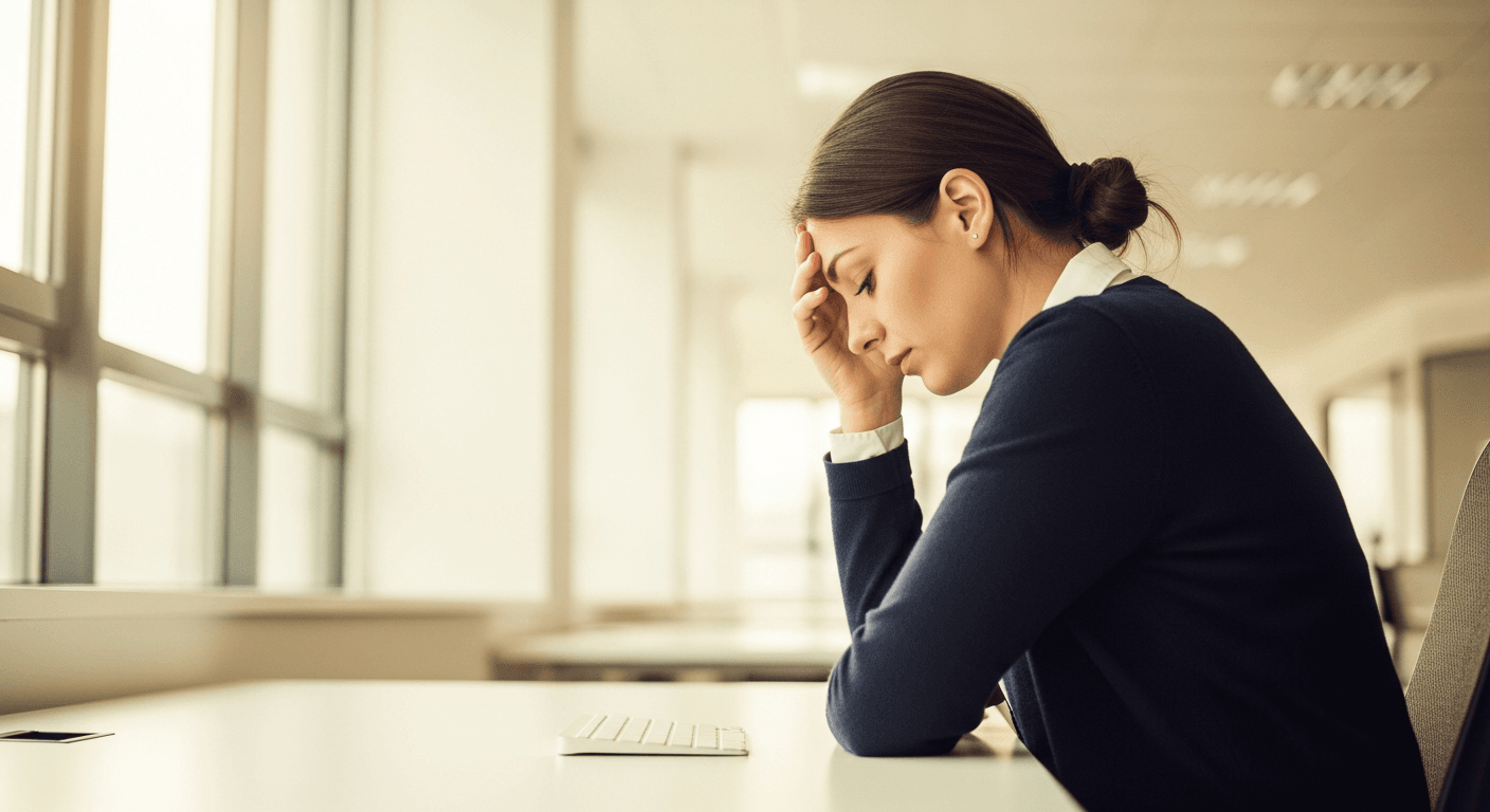 Woman seated at office desk with head down and hand on forehead, conveying emotional exhaustion in warm natural light.