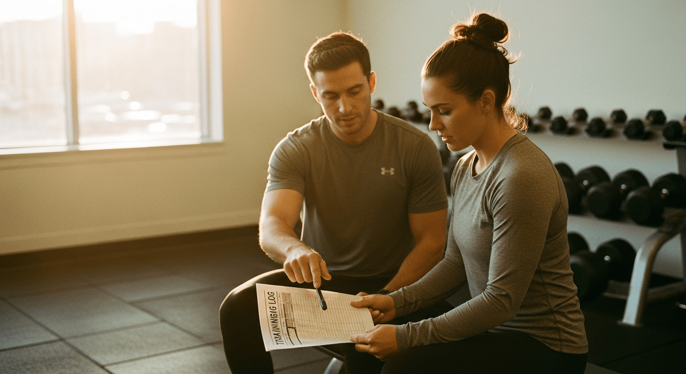 A coach points to a printed training log while reviewing it with a seated client in warm natural light.