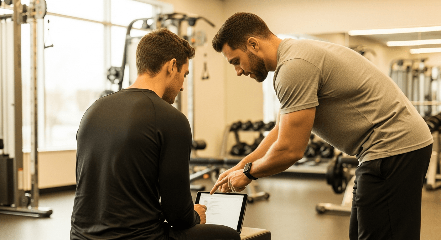 A personal trainer and client review a tablet together on a gym bench in warm golden light.