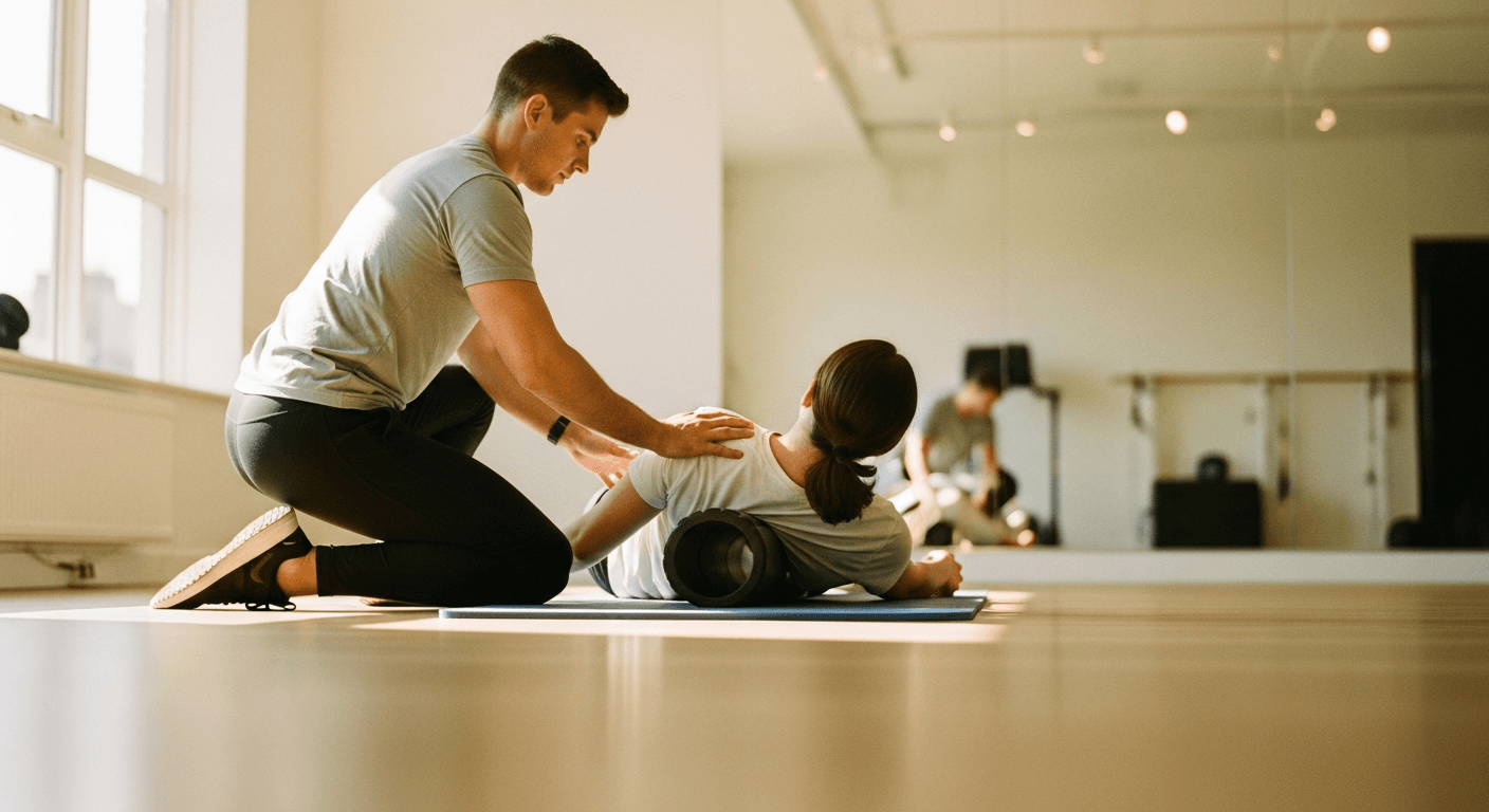 A coach guides a client through a foam roller stretch in a calm, minimalist training studio.