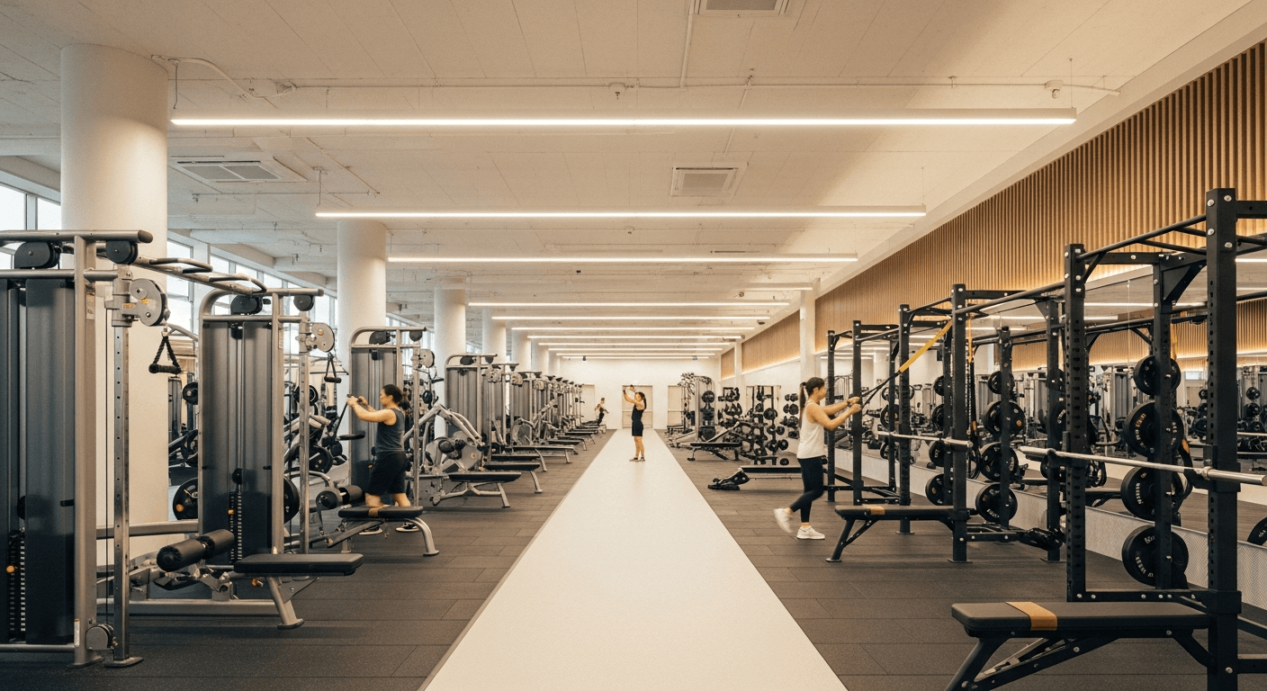 Wide view of a modern gym with multiple equipment zones and members training under soft natural lighting.