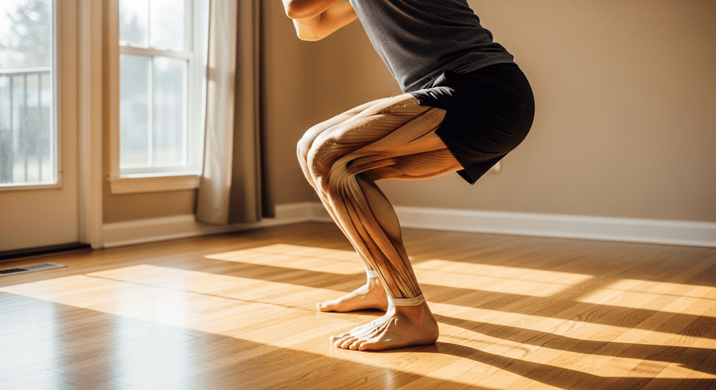 Person performing a slow eccentric squat with visible leg muscle tension in a sunlit home.