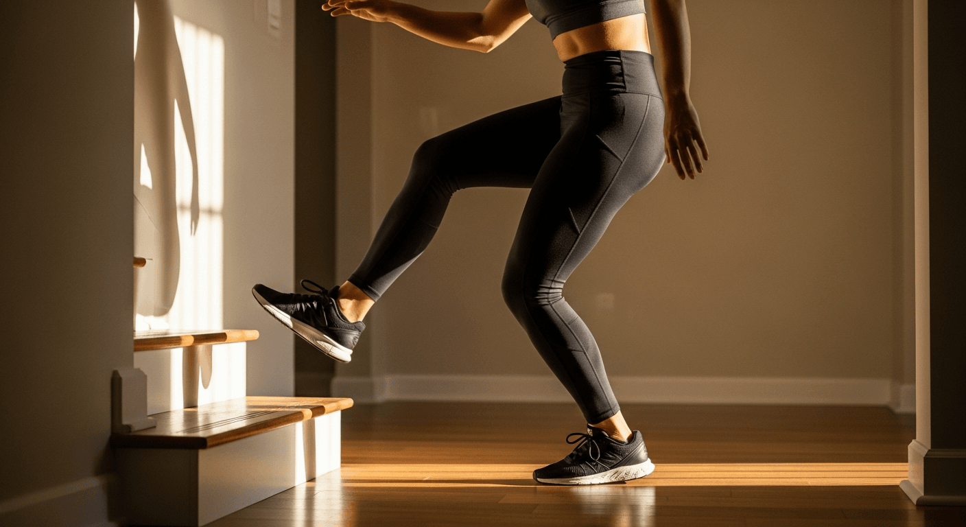 Person in athletic wear performing a controlled single-leg descent off a wooden step.