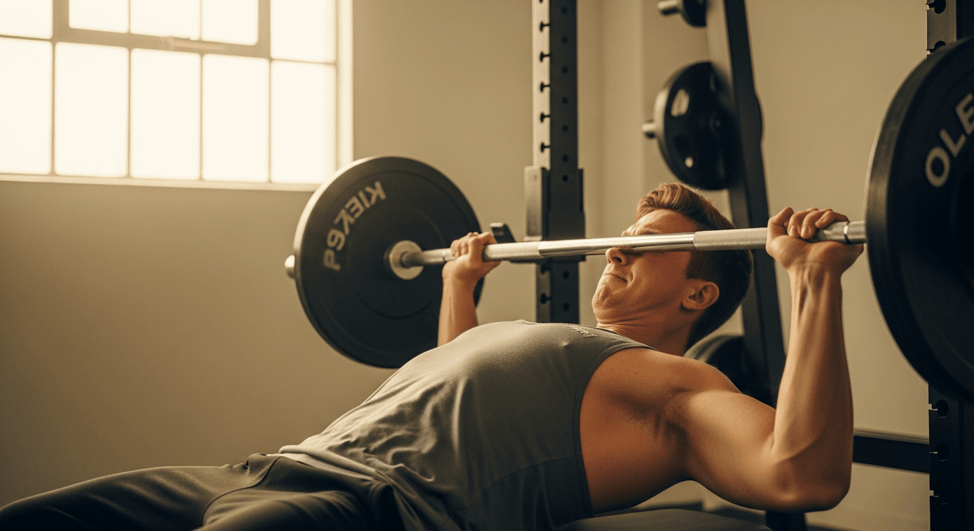 Male lifter performing a controlled slow barbell bench press descent with arms at 90 degrees in warm natural light.