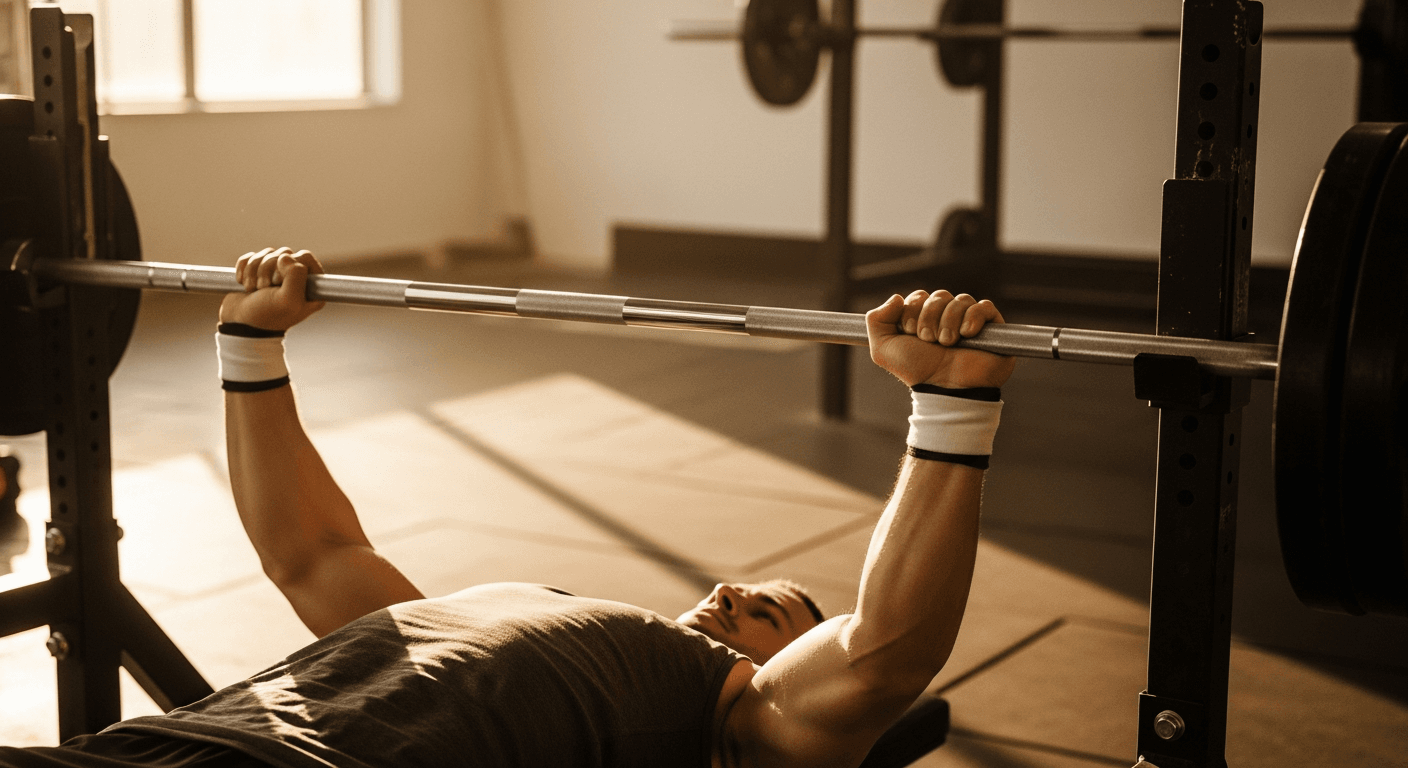 A lifter slowly lowers a barbell toward their chest in a controlled bench press descent with golden light.