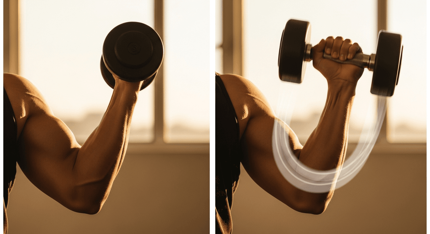Split-frame view of a bicep at peak contraction and controlled eccentric descent with dumbbell.