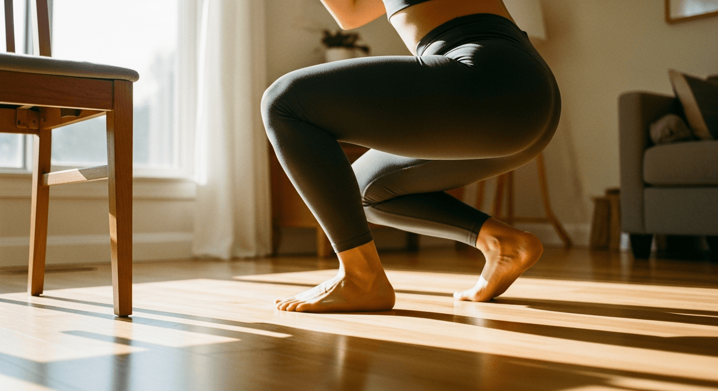 Person performing a controlled single-leg squat beside a wooden chair in a sun-filled living room.