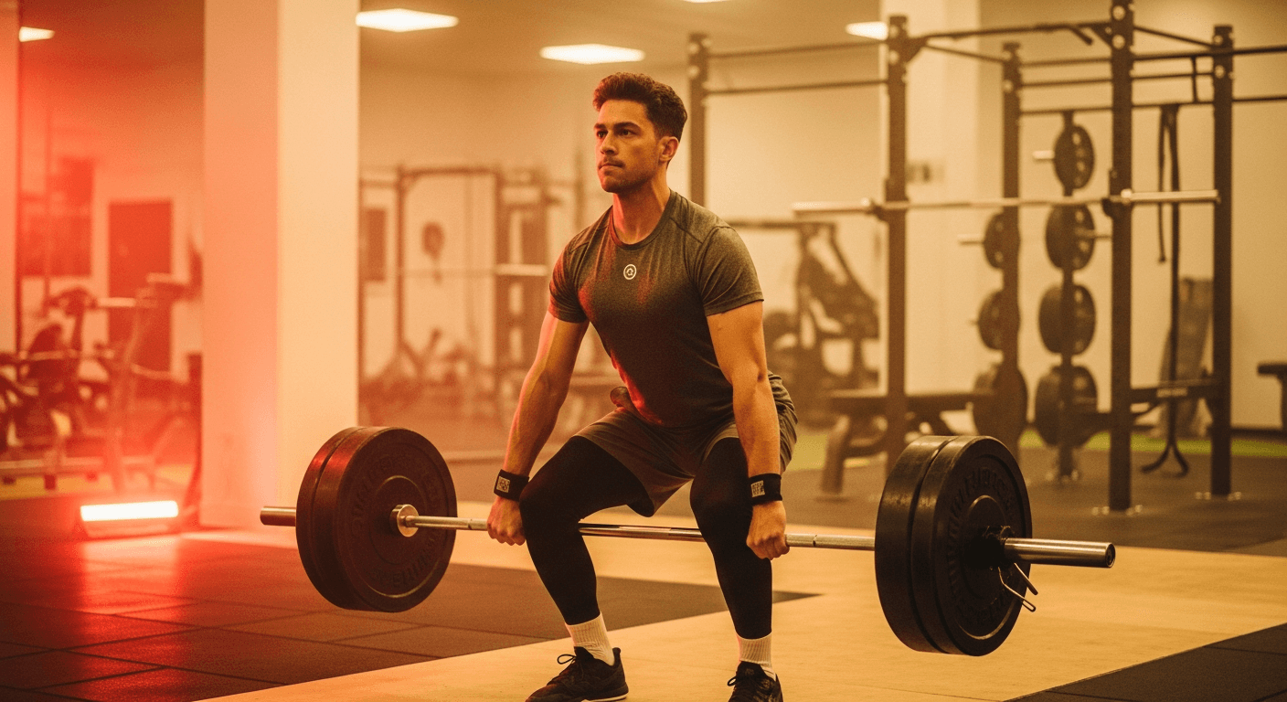 Lean athlete performing a deadlift under therapeutic red light in a warm-toned gym setting.