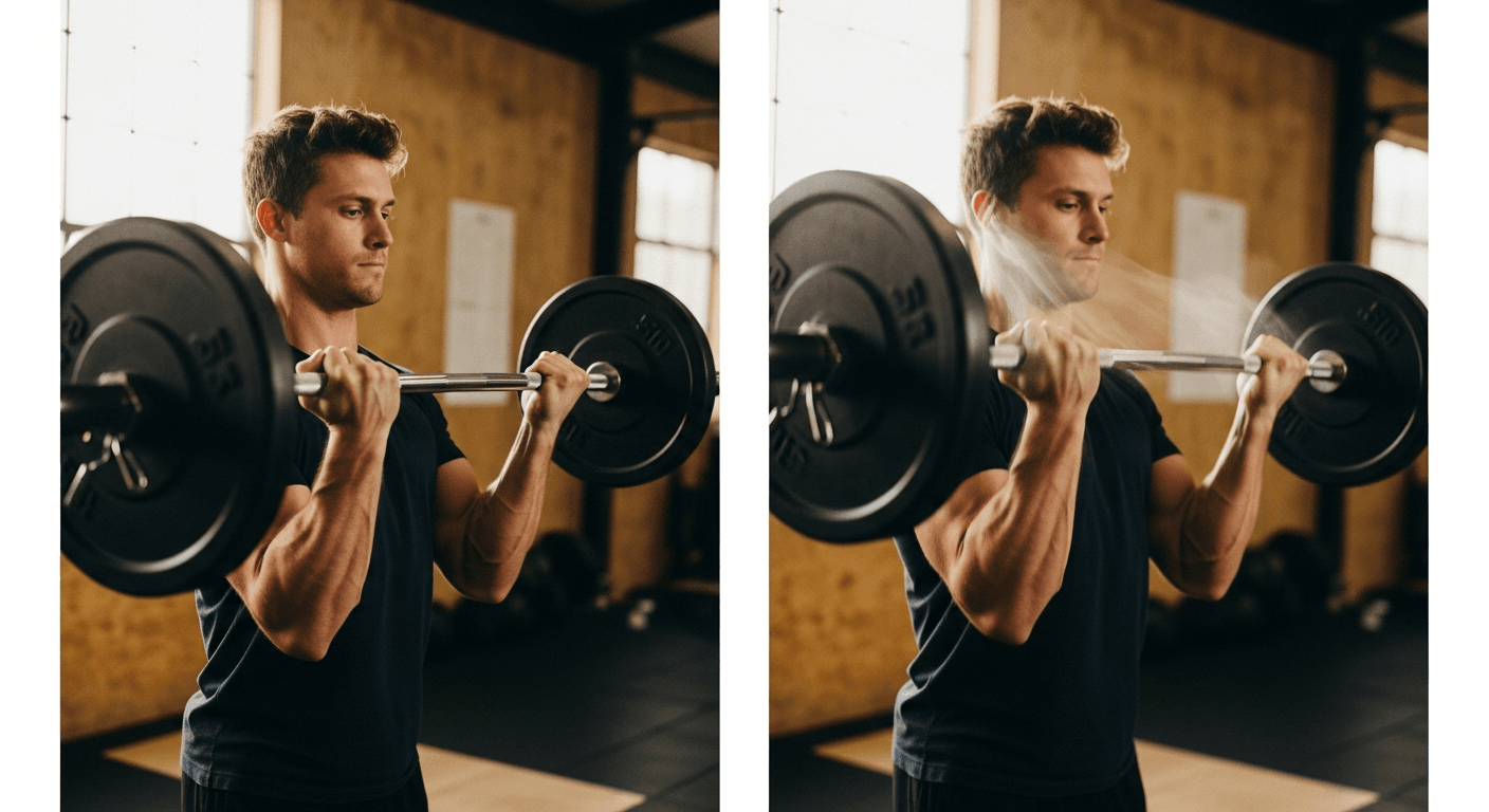 Split-frame comparison of a male lifter performing a barbell curl: left shows controlled lowering, right shows accelerated movement with motion blur.