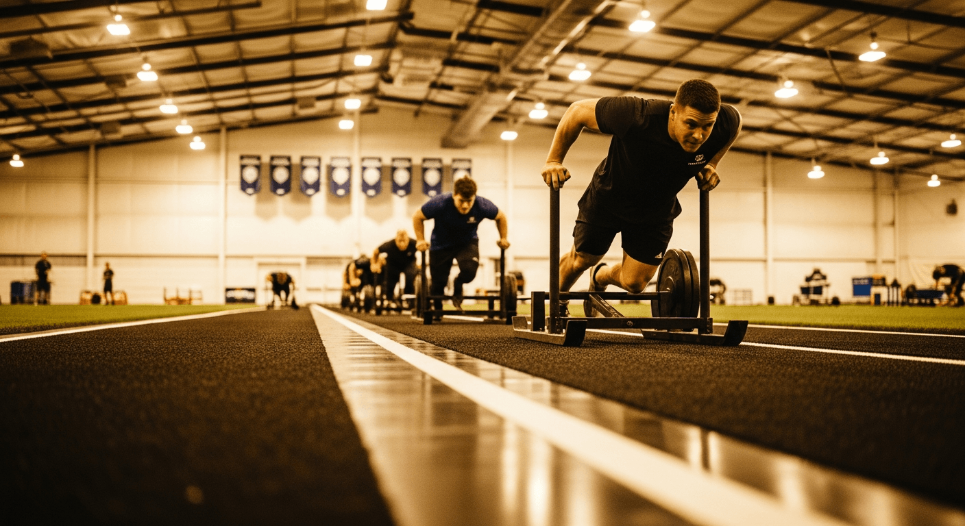 HYROX athletes pushing weighted sleds across competition arena floor under warm golden lighting.