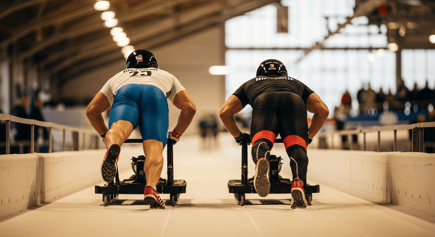 Two athletes push heavy competition sleds side-by-side in a large indoor race venue during full effort.