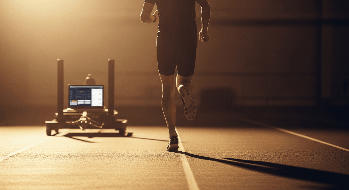 Athlete mid-stride running on competition floor with training sled blurred in the background.