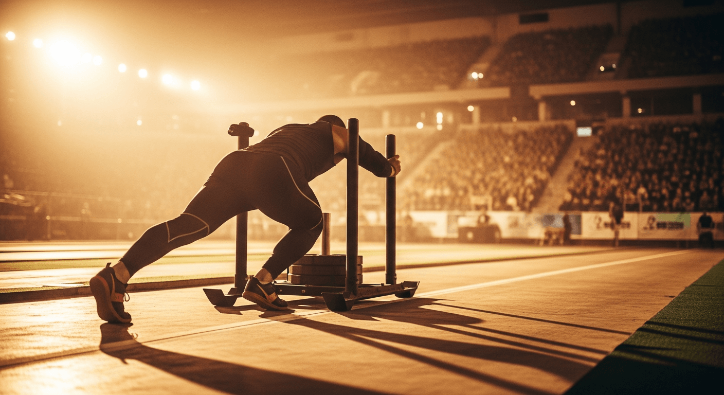 Athlete in compression gear drives a weighted sled at full extension inside a packed competition arena.