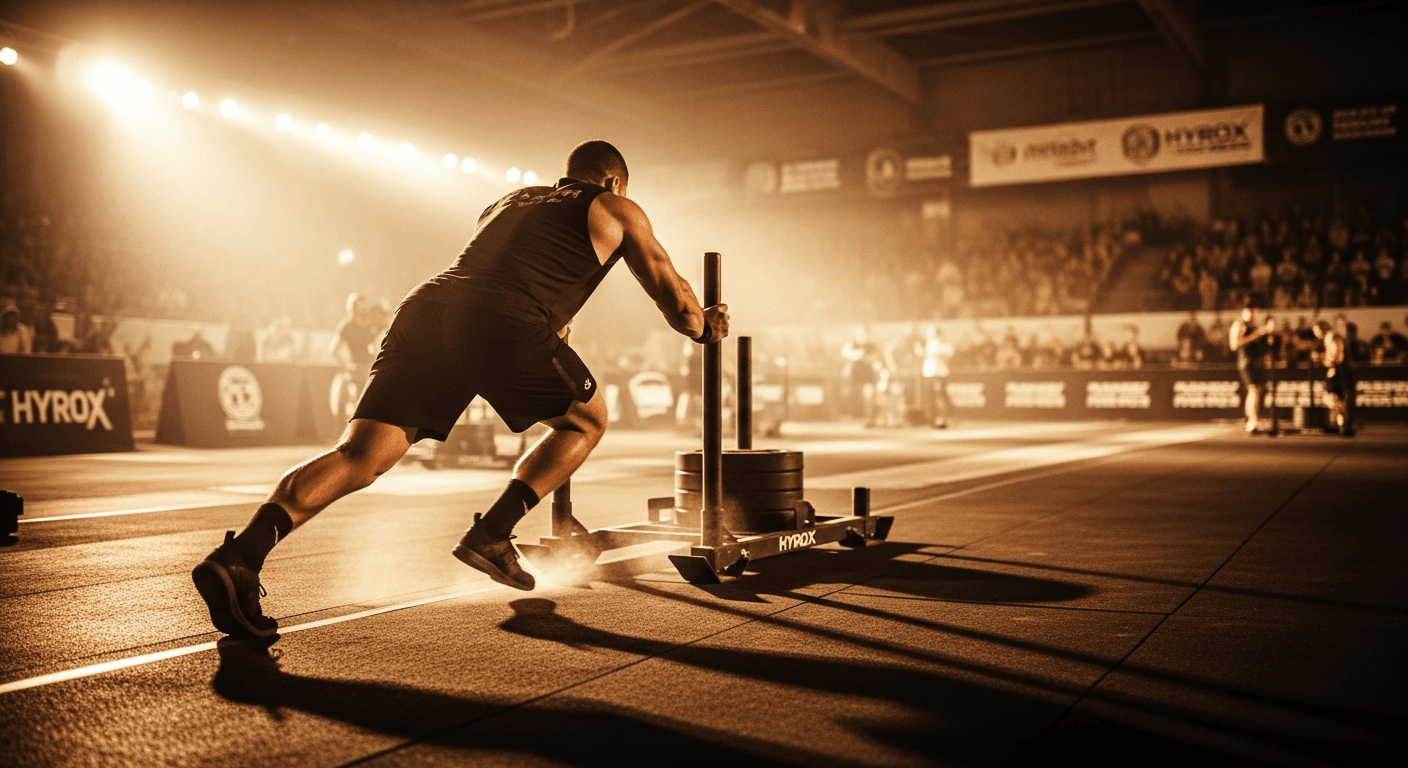 Male athlete in competition kit powerfully driving a weighted sled across a functional fitness arena floor.