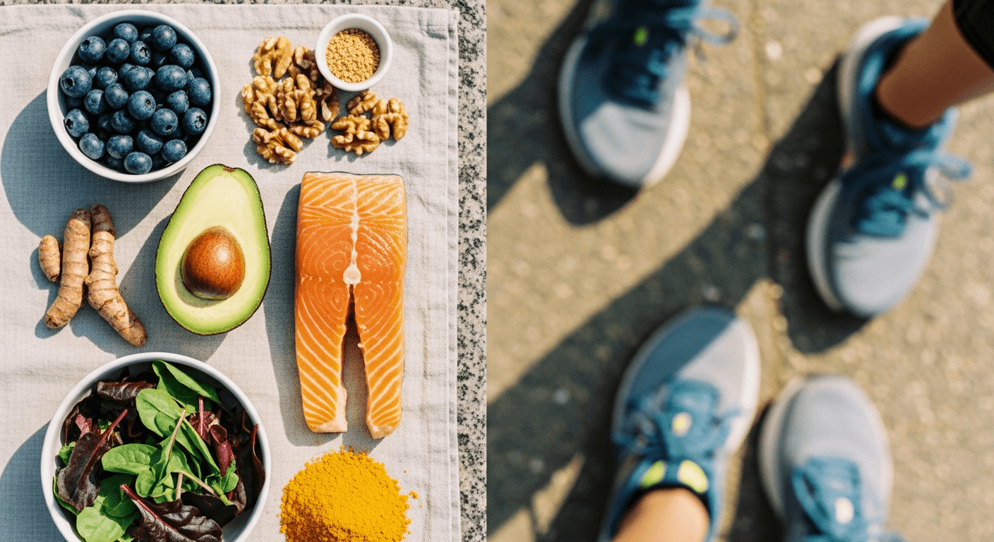 Anti-inflammatory whole foods and running shoes arranged on linen in warm golden natural light.