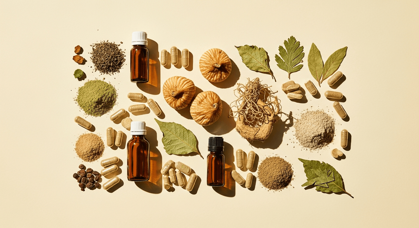 Flat-lay of botanical supplements including tincture vials, capsules, powders, and dried herbs on a cream background.