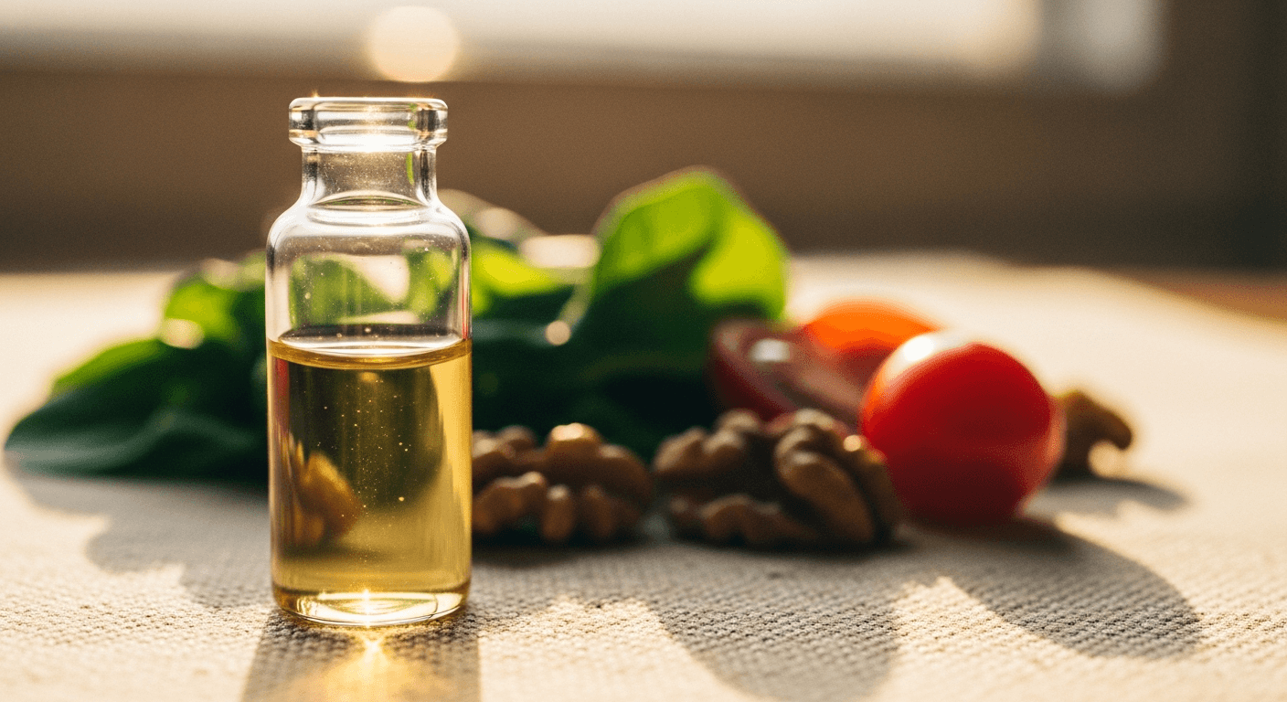 Clear glass vial of amber liquid surrounded by leafy greens, walnuts, and halved cherry tomato.
