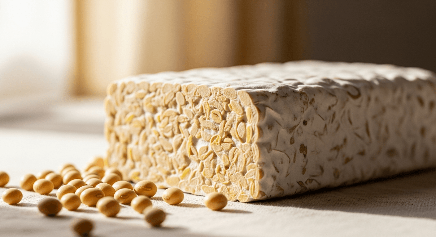 Close-up of fermented tempeh block with visible white mycelium and tightly packed soybeans on cream cloth.