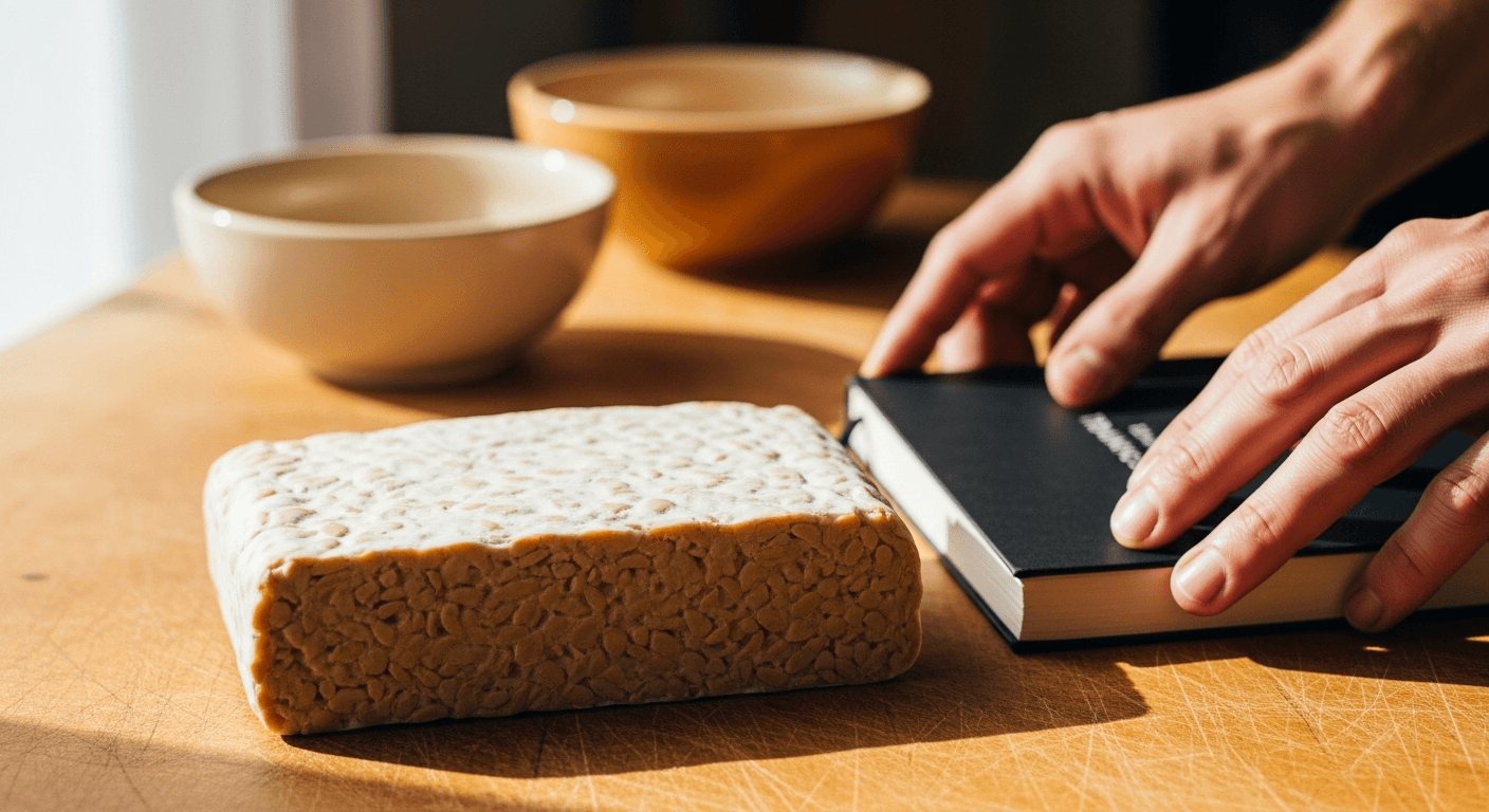 Close-up of fermented tempeh with athletic hands and training journal on wooden surface.