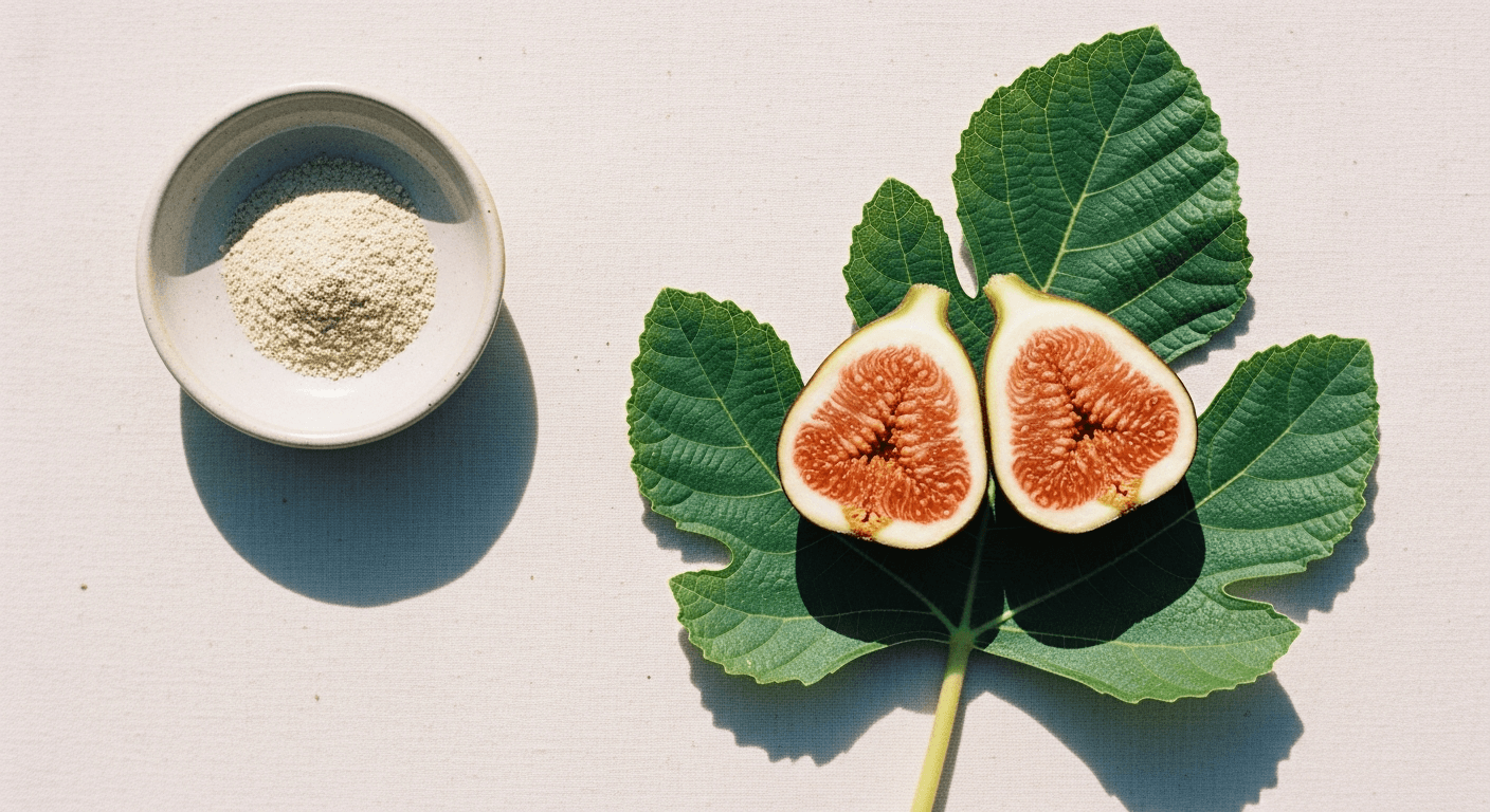Fresh fig leaf with split ripe figs and pale botanical powder on warm cream linen.