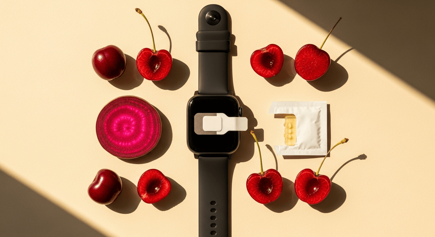 Smartwatch with glucose sensor surrounded by cherries, beets, and glucose gel on a warm cream surface.