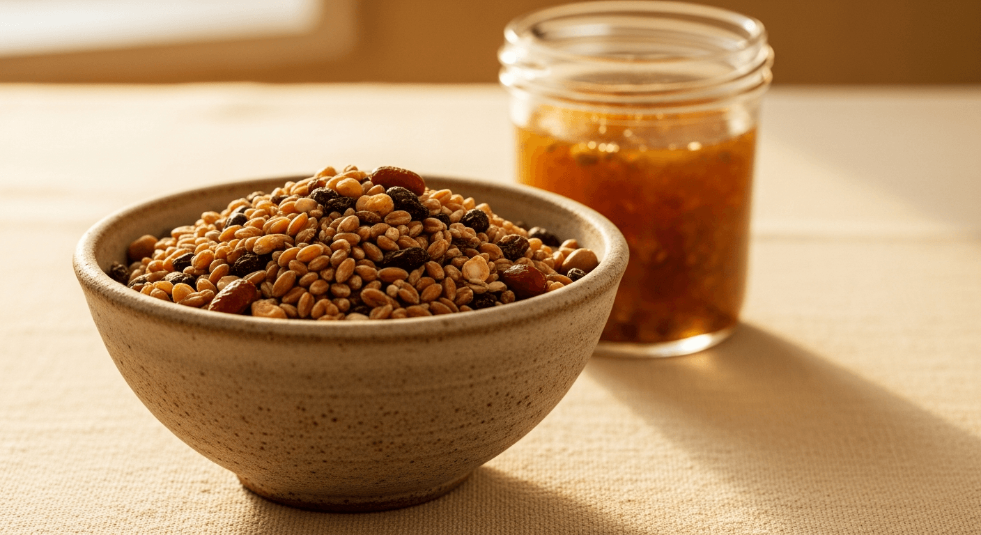 Handmade ceramic bowl of heirloom grains and legumes with amber fermentation jar on warm cream linen surface.