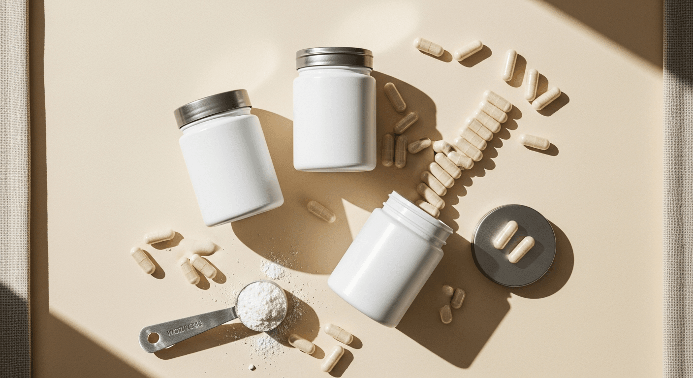 Three sleek supplement jars with white capsules spilling out and a measuring scoop arranged on a warm cream surface.