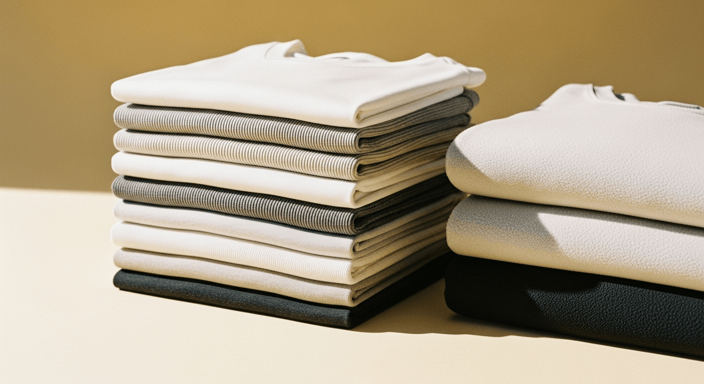 Neatly stacked folded athletic tees in white and gray on a warm cream background.