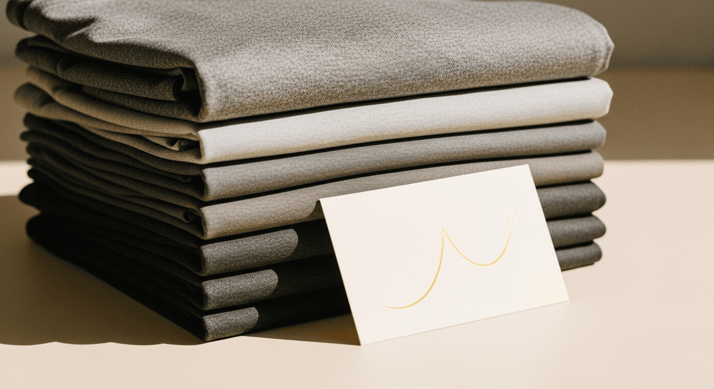 Stacked grey athletic tees with visible gold growth curve, warm natural light and fabric texture detail.