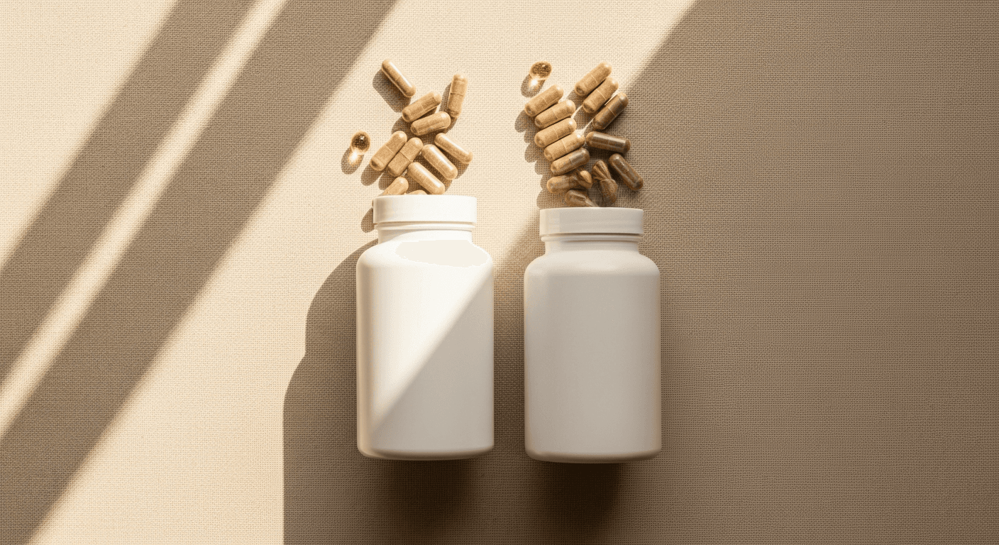Two supplement bottles positioned side by side with capsules scattered between them in warm golden natural light.
