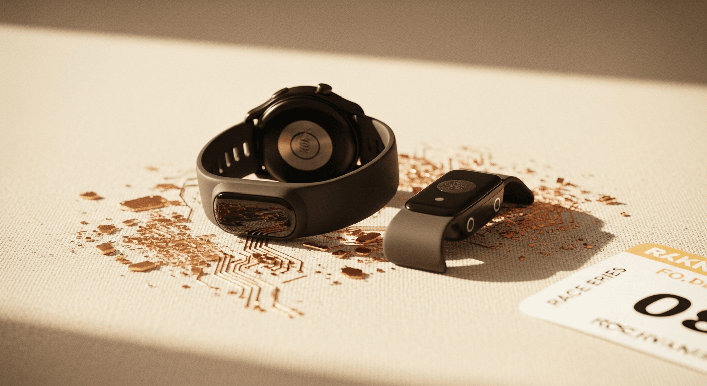 A matte black smartwatch and flexible biosensor band rest on a cream surface with golden circuit fragments.