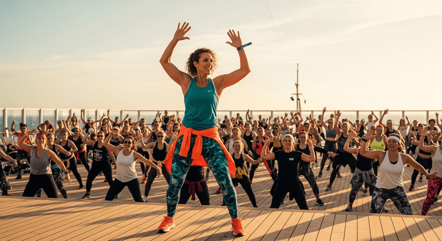 Energetic Zumba instructor leading a lively outdoor class on a sun-drenched cruise ship deck.