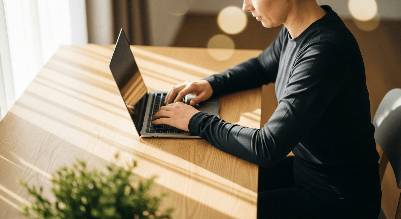 A personal trainer seated at a light wood desk, leaning forward with focus while reviewing information on a laptop in warm morning light.