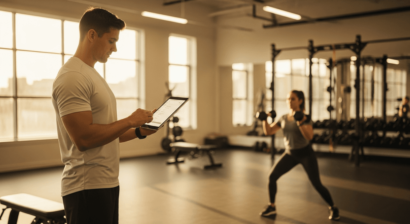 A fitness coach reviews a training app on a tablet while a client exercises in the background gym.