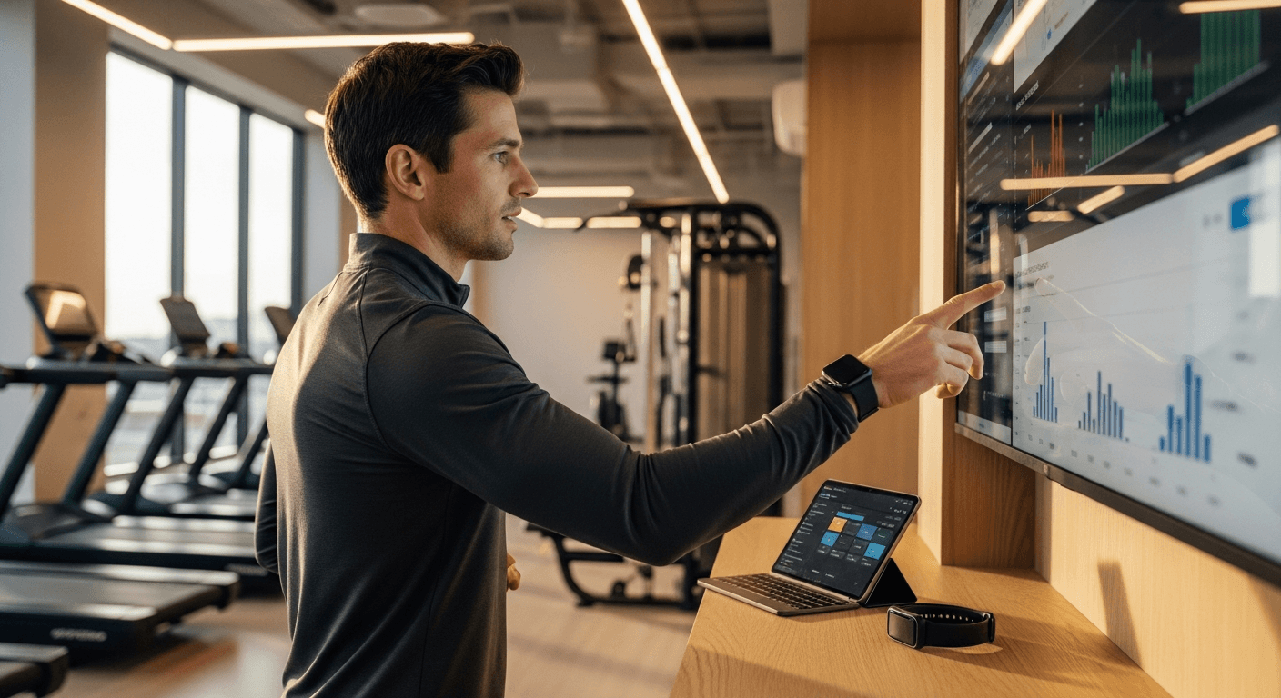 A focused coach reviews performance metrics on a wall screen in a luxury gym bathed in warm natural golden light.