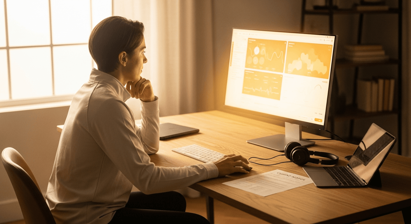 A fitness coach works at a desk with a monitor in warm golden natural light.