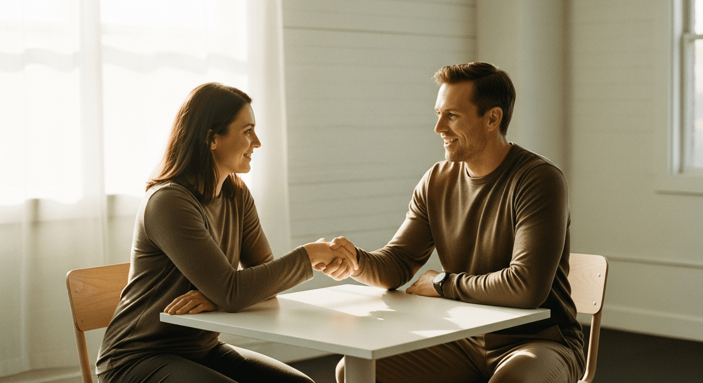 A coach and client shake hands across a table in warm conversation, bathed in soft golden window light.