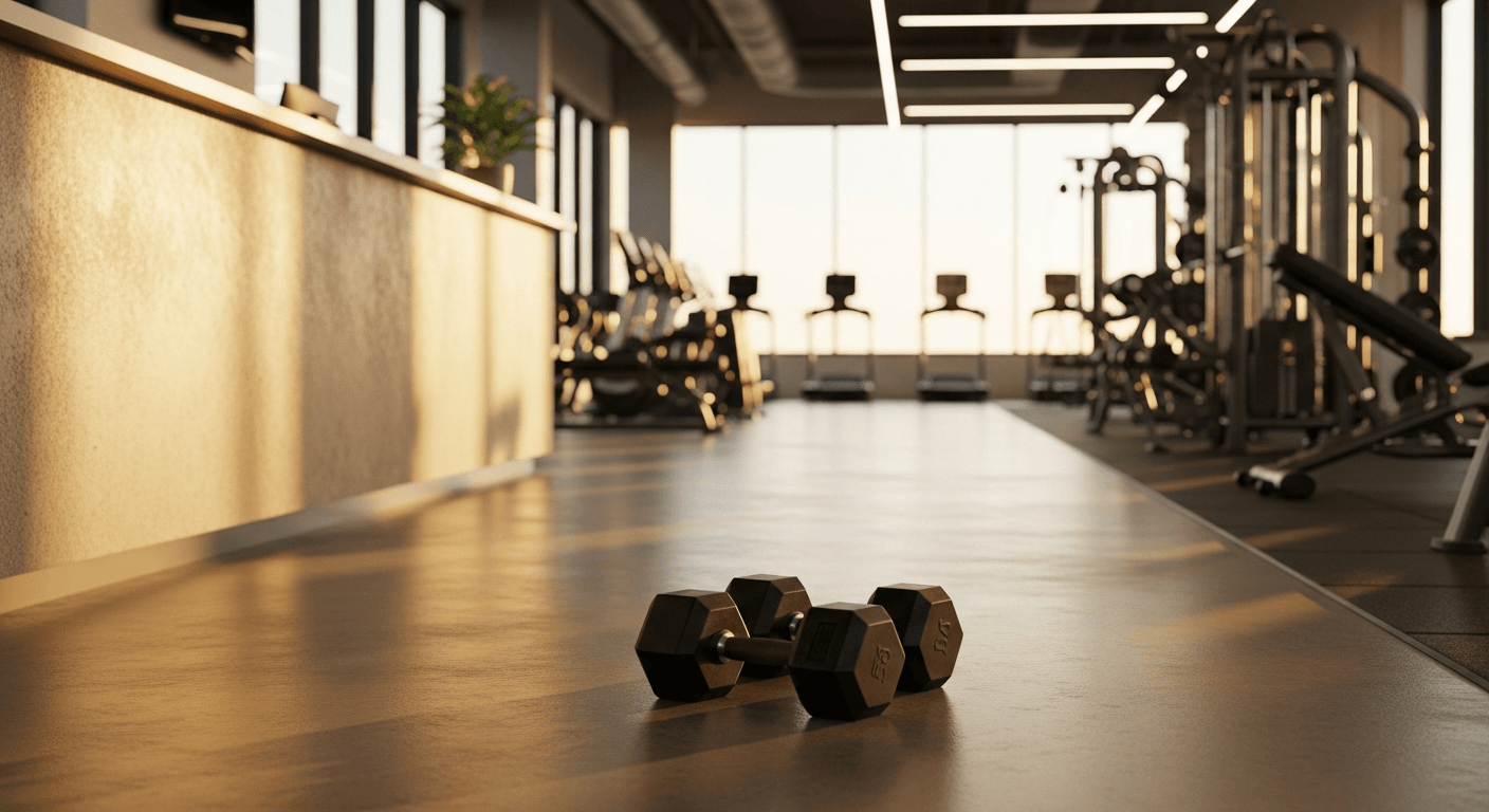 Two black dumbbells on gym floor with golden-hour light warming the reception area and equipment in background.