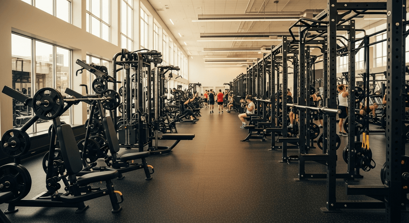 Expansive modern gym floor filled with premium equipment and members exercising under warm natural light.