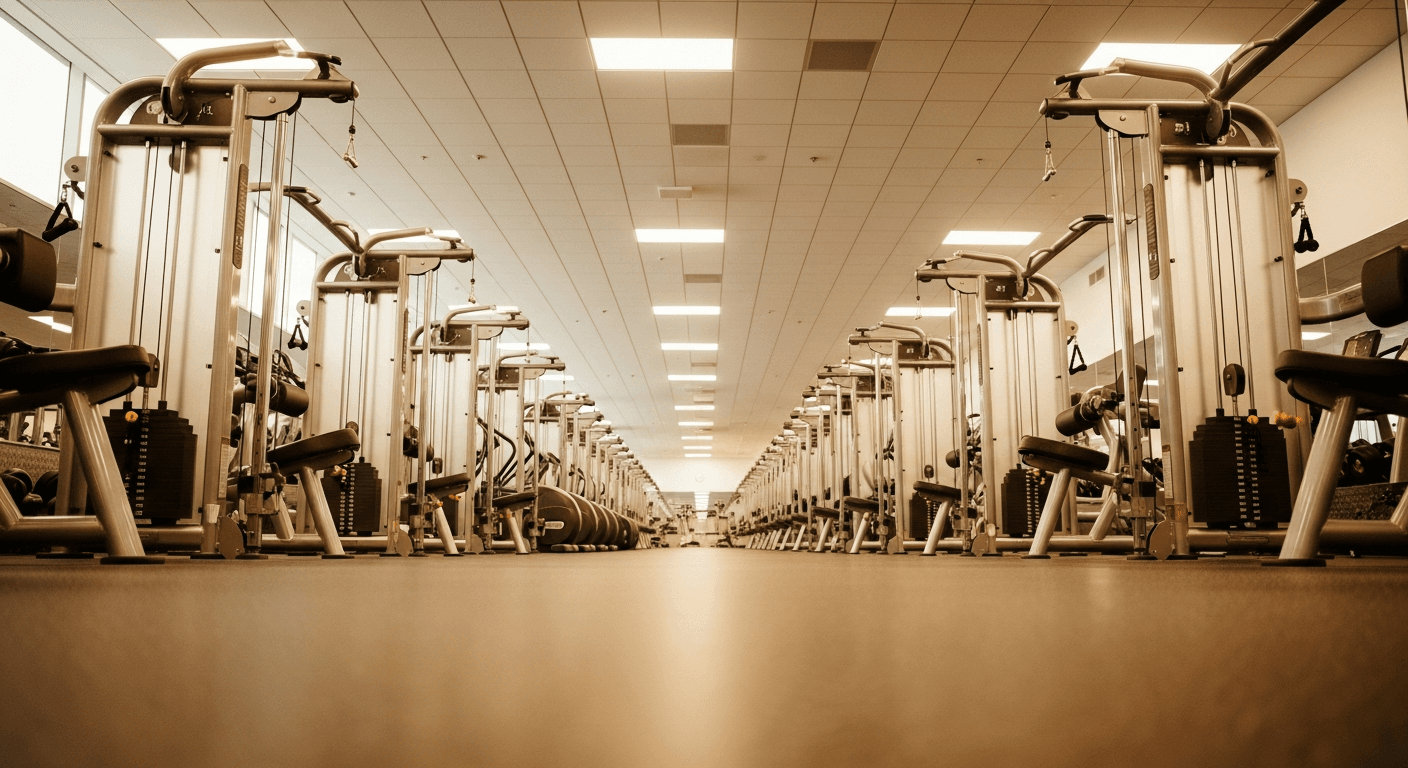 Wide-angle view of a sprawling modern gym floor lined with rows of equipment stretching into the distance.