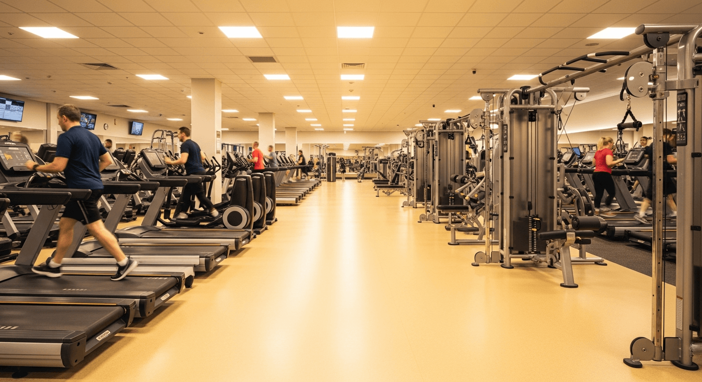 Wide interior view of a modern gym floor with rows of equipment and members exercising in warm light.