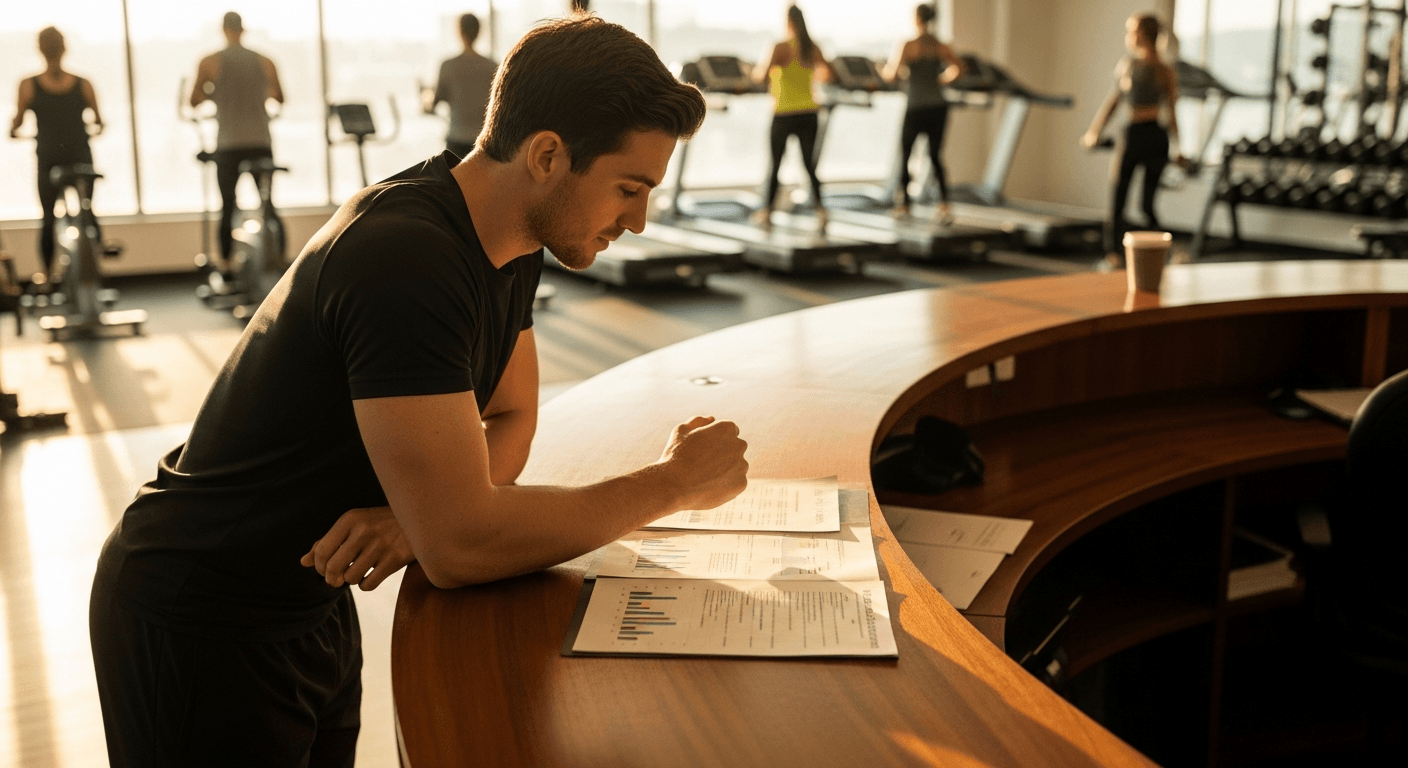 Gym manager reviews a printed engagement report at the reception desk while members train in the softly blurred background.