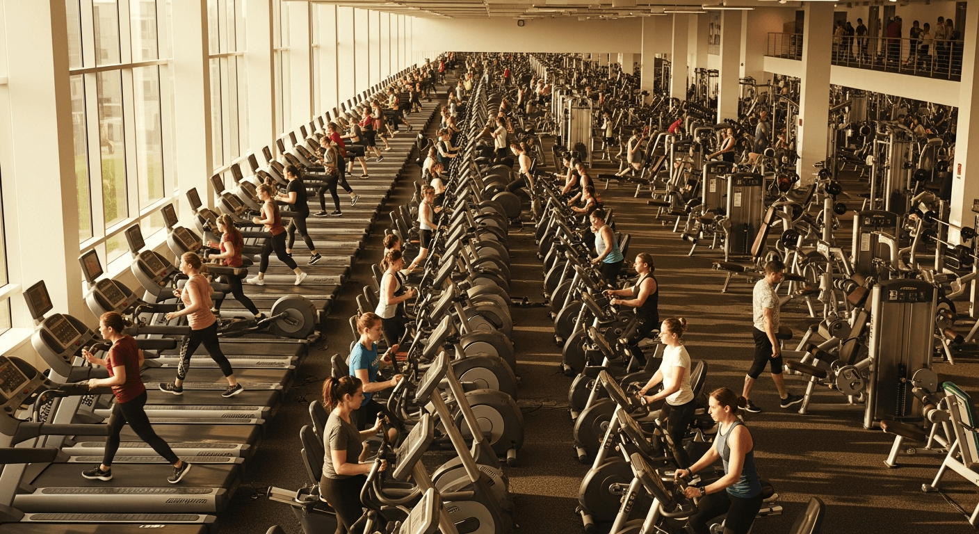 Busy modern gym floor packed with members exercising on cardio and weight equipment, photographed from elevated angle.