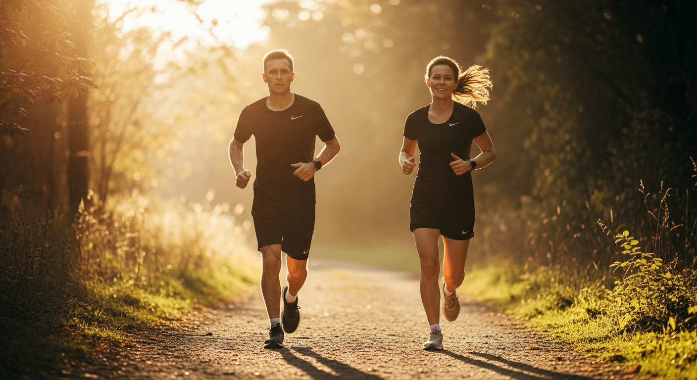 Two runners side-by-side on a sunlit trail, one laboring tensely and the other moving fluidly, comparing physiological differences.