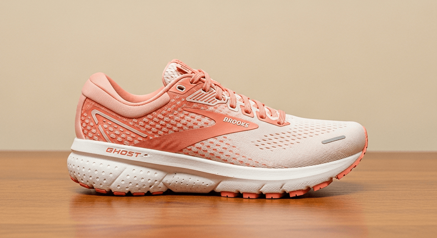 A coral and cream Brooks running shoe displayed on warm wood surface in soft golden natural light.