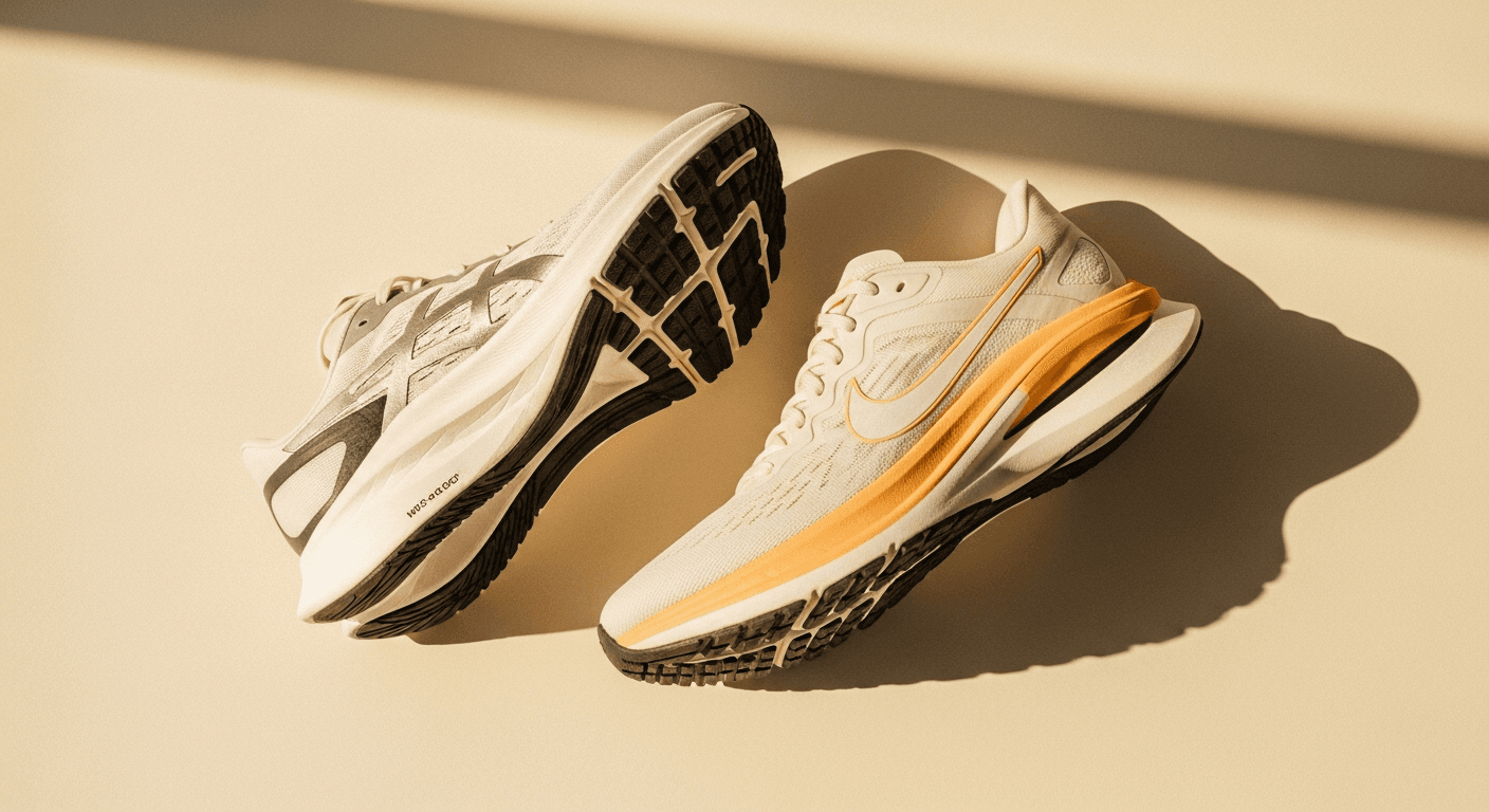 Two running shoes side by side: a lightweight racing shoe and a cushioned daily training shoe.