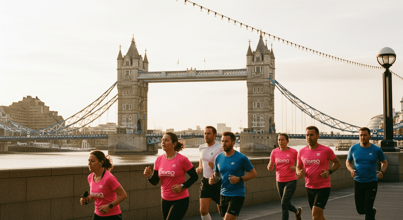 Five runners in bright technical gear surge along the Thames with Tower Bridge visible in the warm golden background.