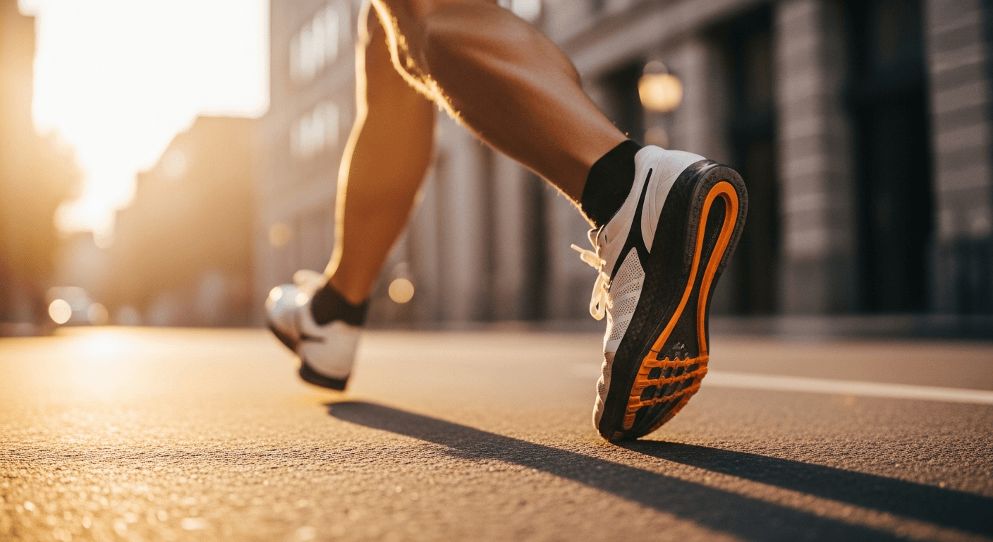 Runner mid-stride on an urban road at golden hour, carbon racing flat shoe clearly visible.