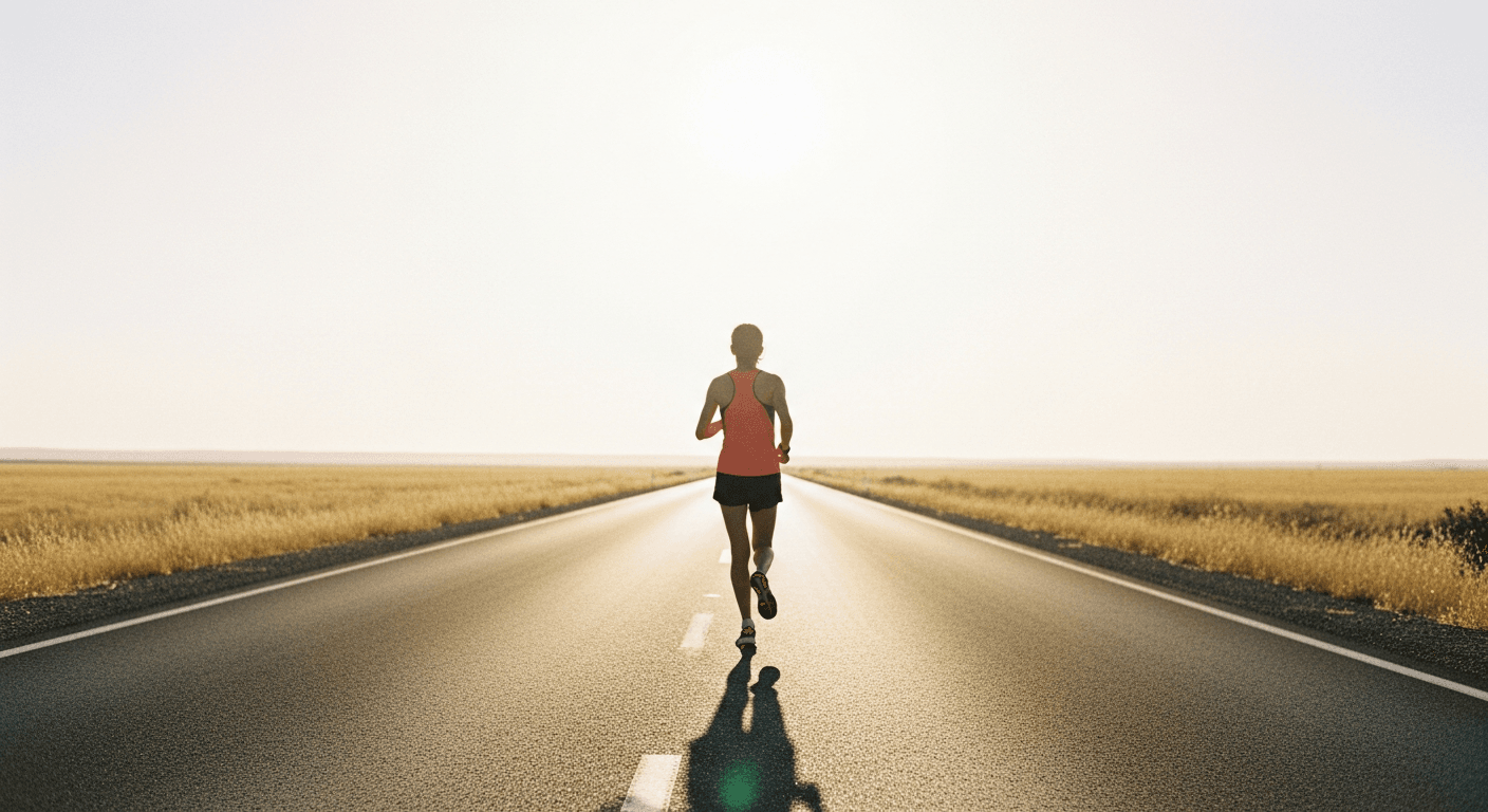 A runner in mid-stride on a sun-baked road with heat shimmer, shot from behind in golden light.